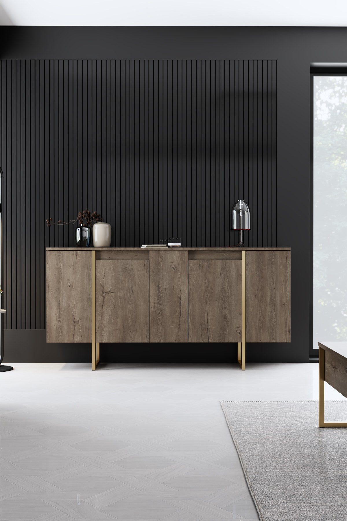 Meubelsets - Meubelset Walnoot Luxe - Salontafel + TV Meubel + Dressoir - Gouden Frame - Dimehouse