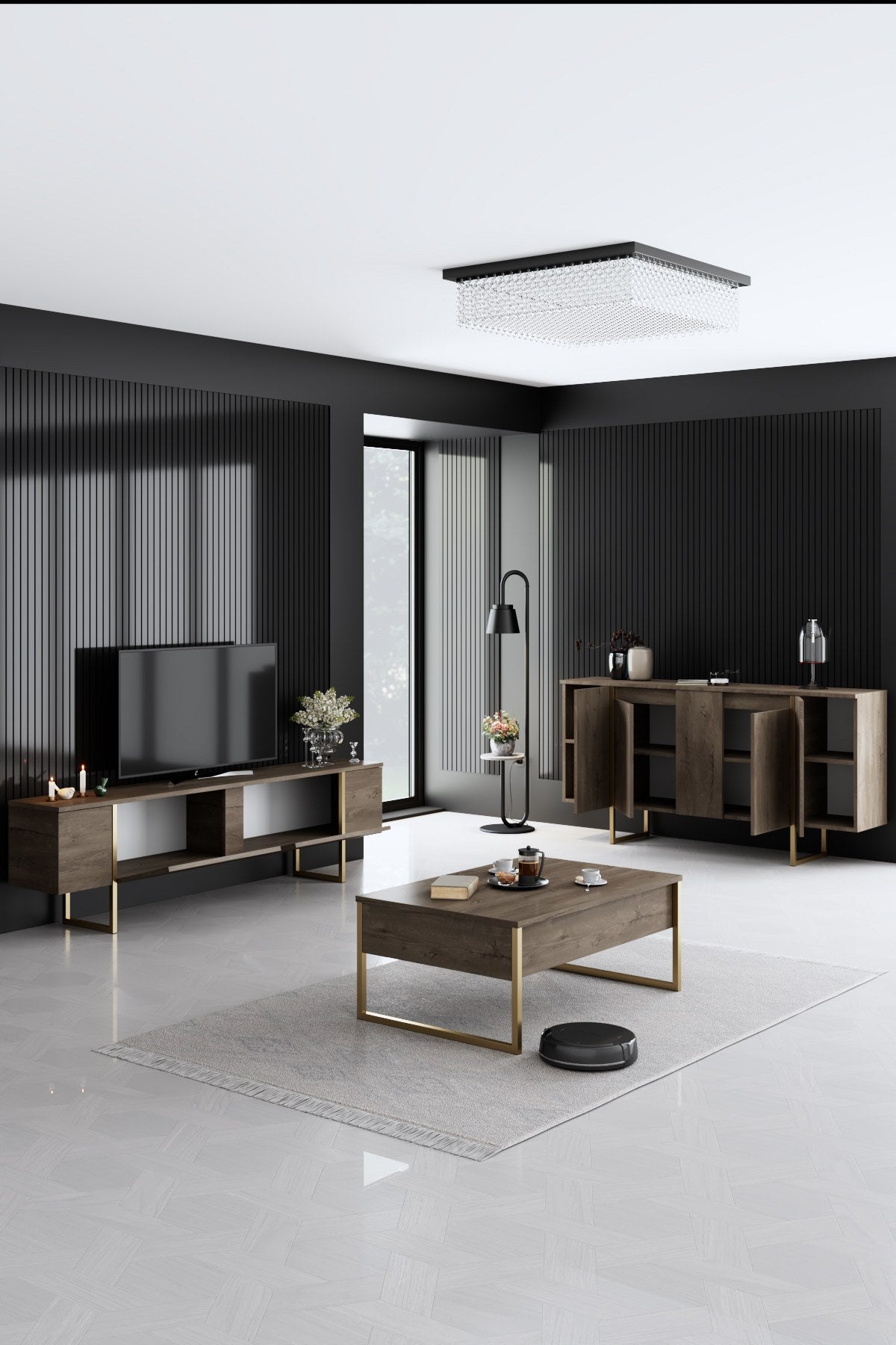 Meubelsets - Meubelset Walnoot Luxe - Salontafel + TV Meubel + Dressoir - Gouden Frame - Dimehouse