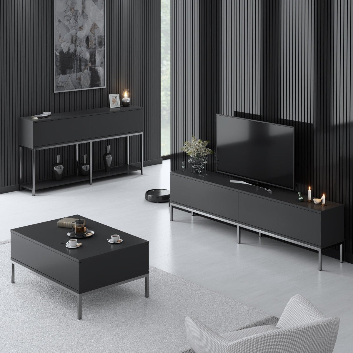 Meubelsets - Meubelset Antraciet Lord - Salontafel + TV Meubel + Dressoir - Zilver Frame - Dimehouse
