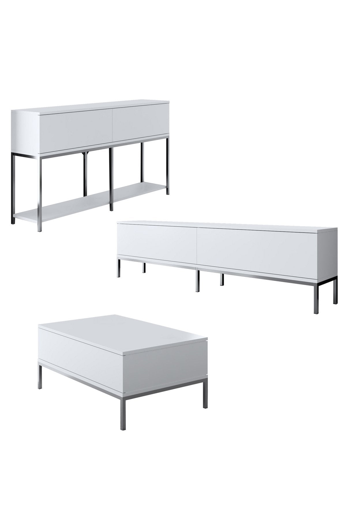 Meubelsets - Meubelset Wit Lord - Salontafel + TV Meubel + Dressoir - Zilver Frame - Dimehouse
