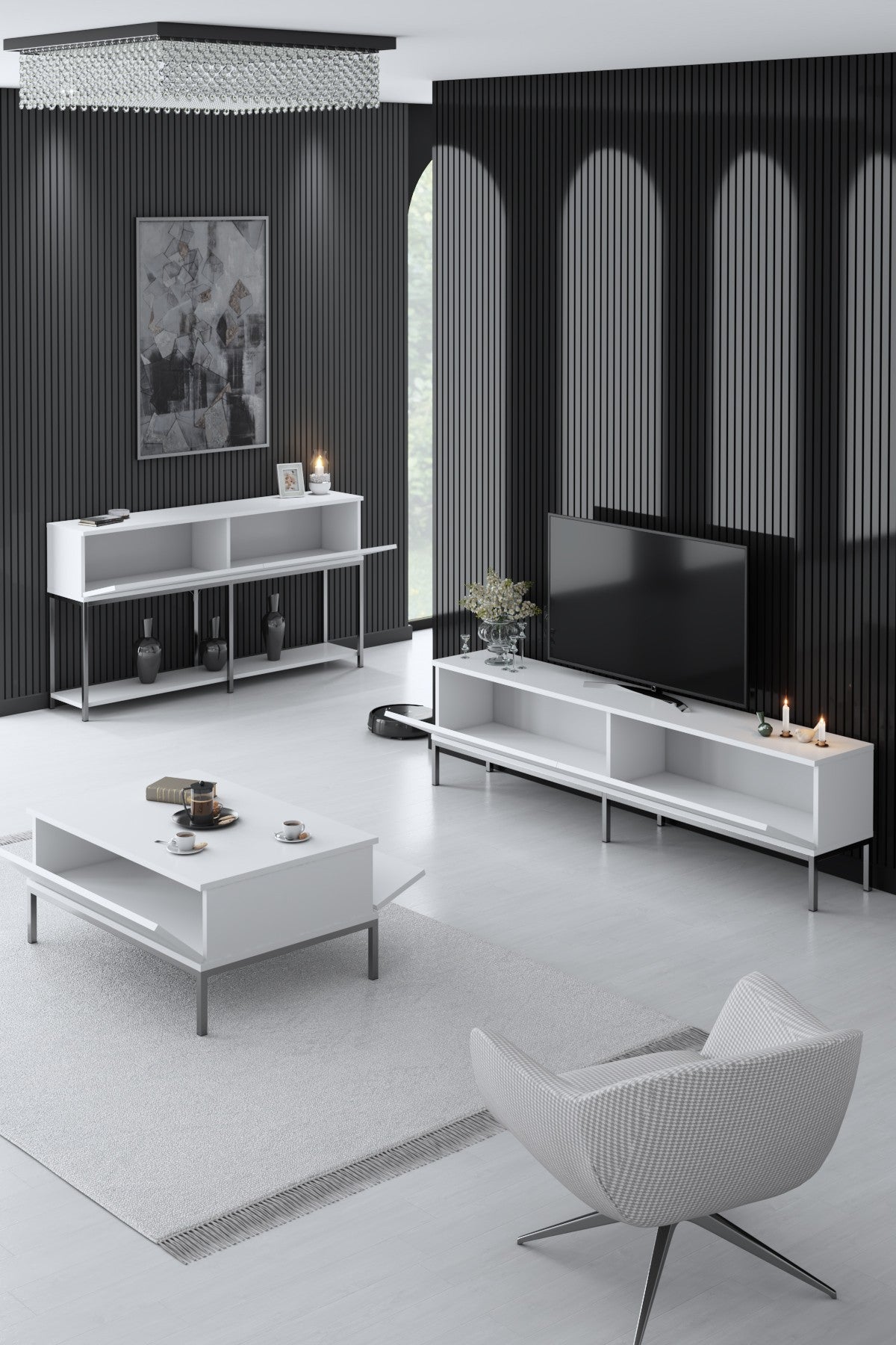 Meubelsets - Meubelset Wit Lord - Salontafel + TV Meubel + Dressoir - Zilver Frame - Dimehouse