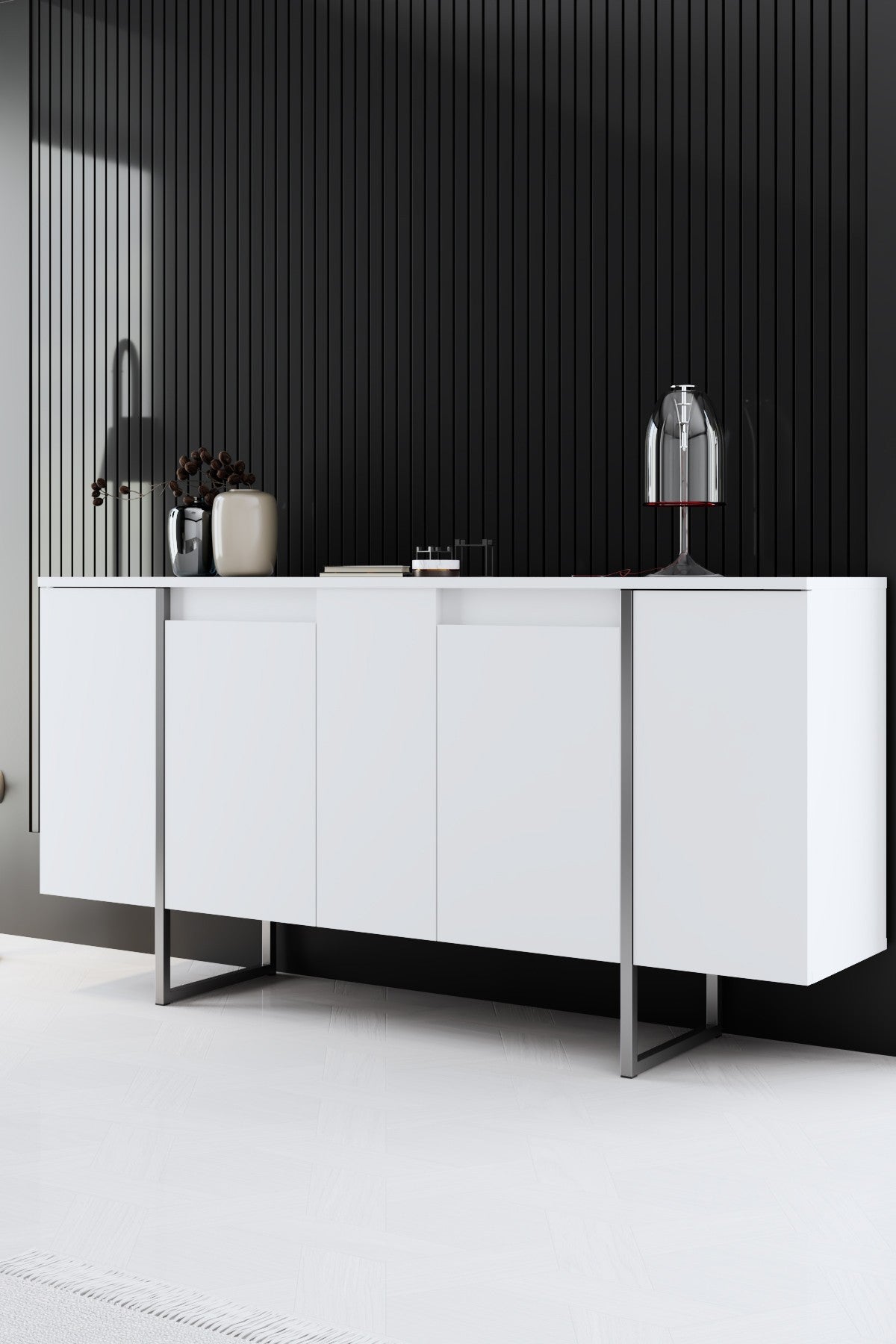 Meubelsets - Meubelset Wit Luxe - Salontafel + TV Meubel + Dressoir Luxe - Zilver Frame - Dimehouse