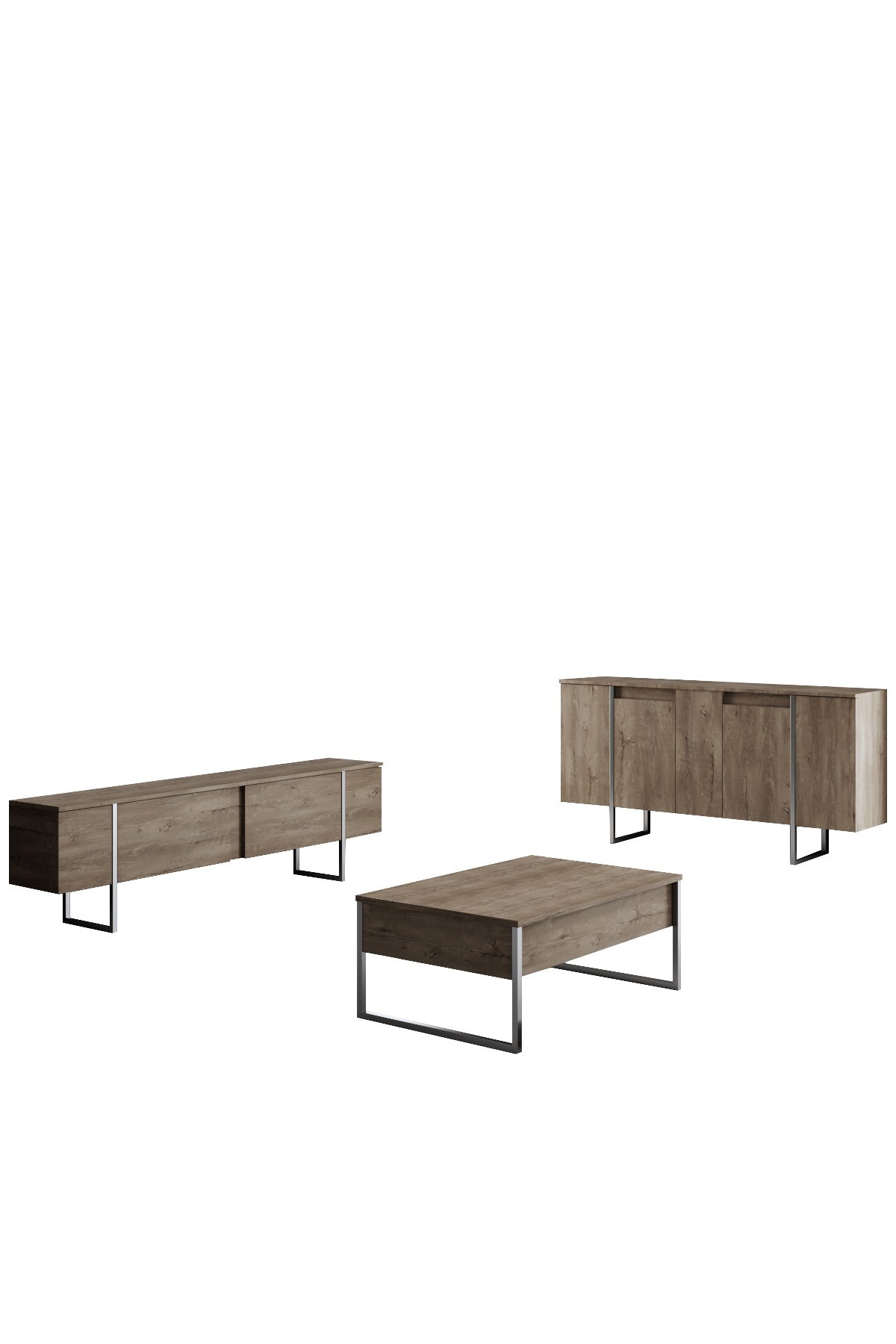 Meubelsets - Meubelset Walnoot Luxe - Salontafel + TV Meubel + Dressoir - Zilver Frame - Dimehouse