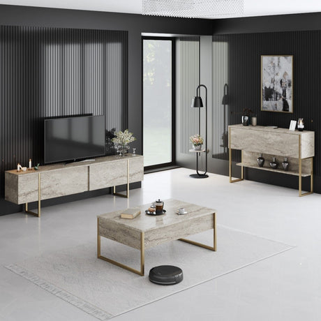 Meubelsets - Meubelset Travertin Luxe - Salontafel + TV Meubel + Dressoir Luxe - Gouden Frame - Dimehouse