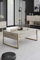 Meubelsets - Meubelset Travertin Luxe - Salontafel + TV Meubel + Dressoir Luxe - Gouden Frame - Dimehouse