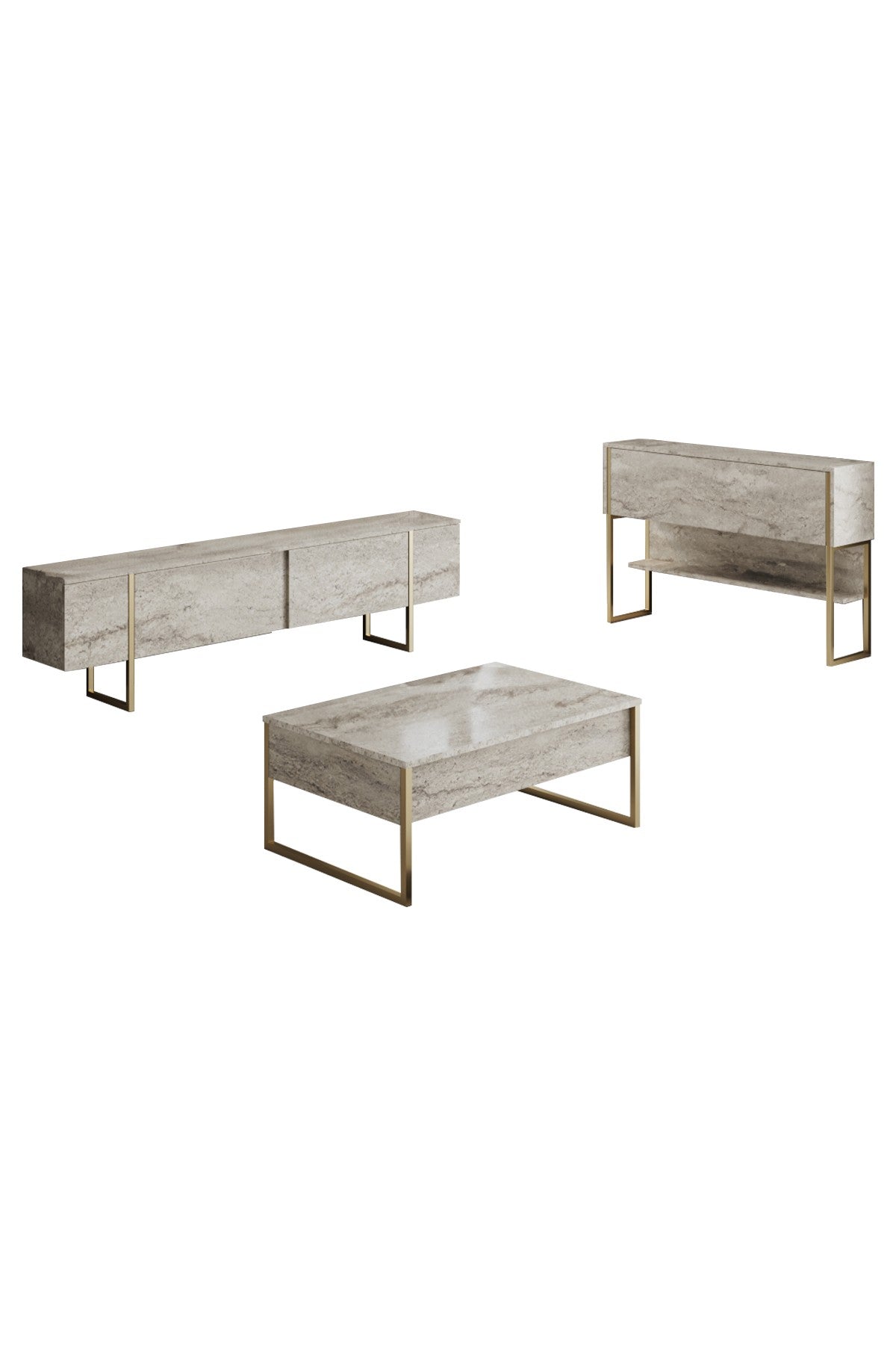 Meubelsets - Meubelset Travertin Luxe - Salontafel + TV Meubel + Dressoir Luxe - Gouden Frame - Dimehouse