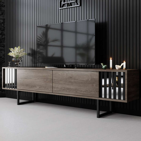 TV Meubels - TV Meubel Walnoot Chrome Line 180x48x30 - Zwart Frame - Dimehouse