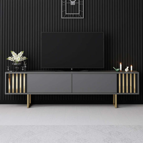 TV Meubels - TV Meubel Antraciet Gold Line 180x48x30 - Gouden Frame - Dimehouse