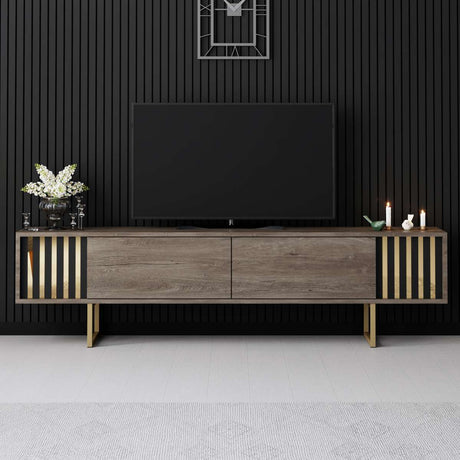 TV Meubels - TV Meubel Walnoot Gold Line 180x48x30 - Gouden Frame - Dimehouse