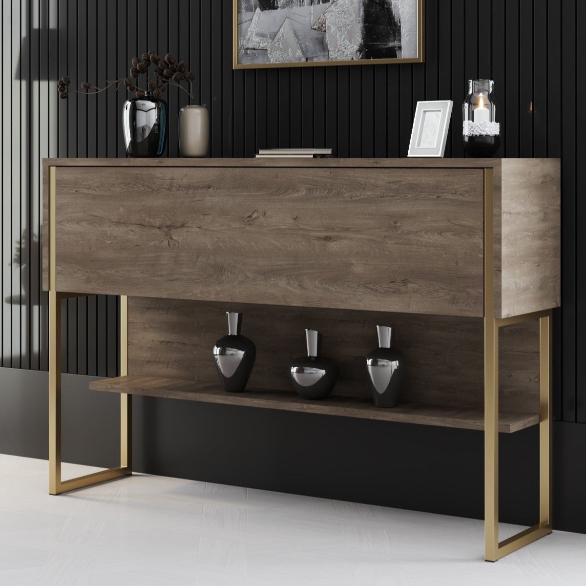 Dressoirs - Modern Dressoir Walnoot Luxe 120x80x30 - Gouden Frame - Eén Vak - Dimehouse