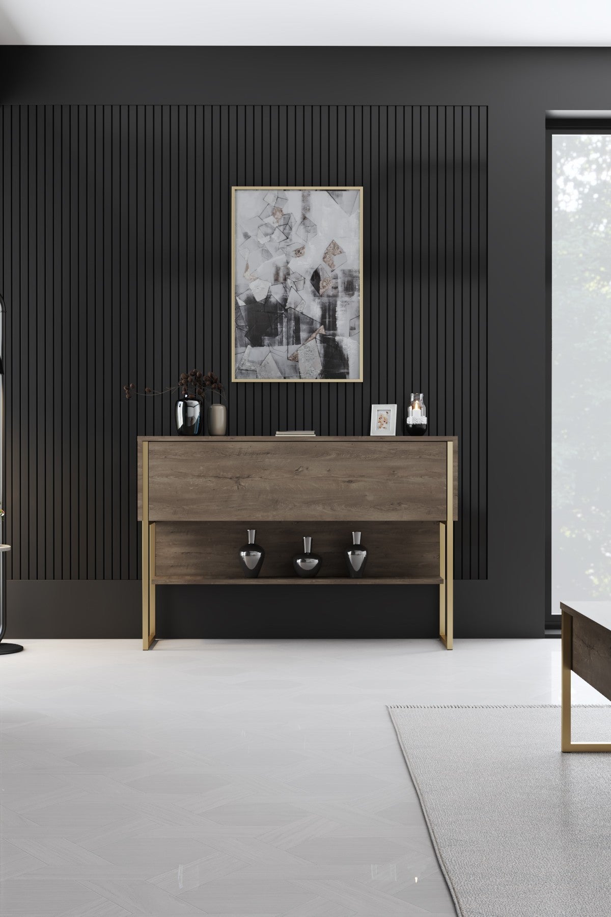 Dressoirs - Modern Dressoir Walnoot Luxe 120x80x30 - Gouden Frame - Eén Vak - Dimehouse