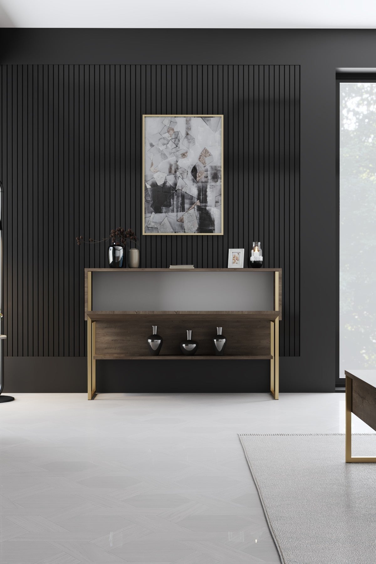 Dressoirs - Modern Dressoir Walnoot Luxe 120x80x30 - Gouden Frame - Eén Vak - Dimehouse