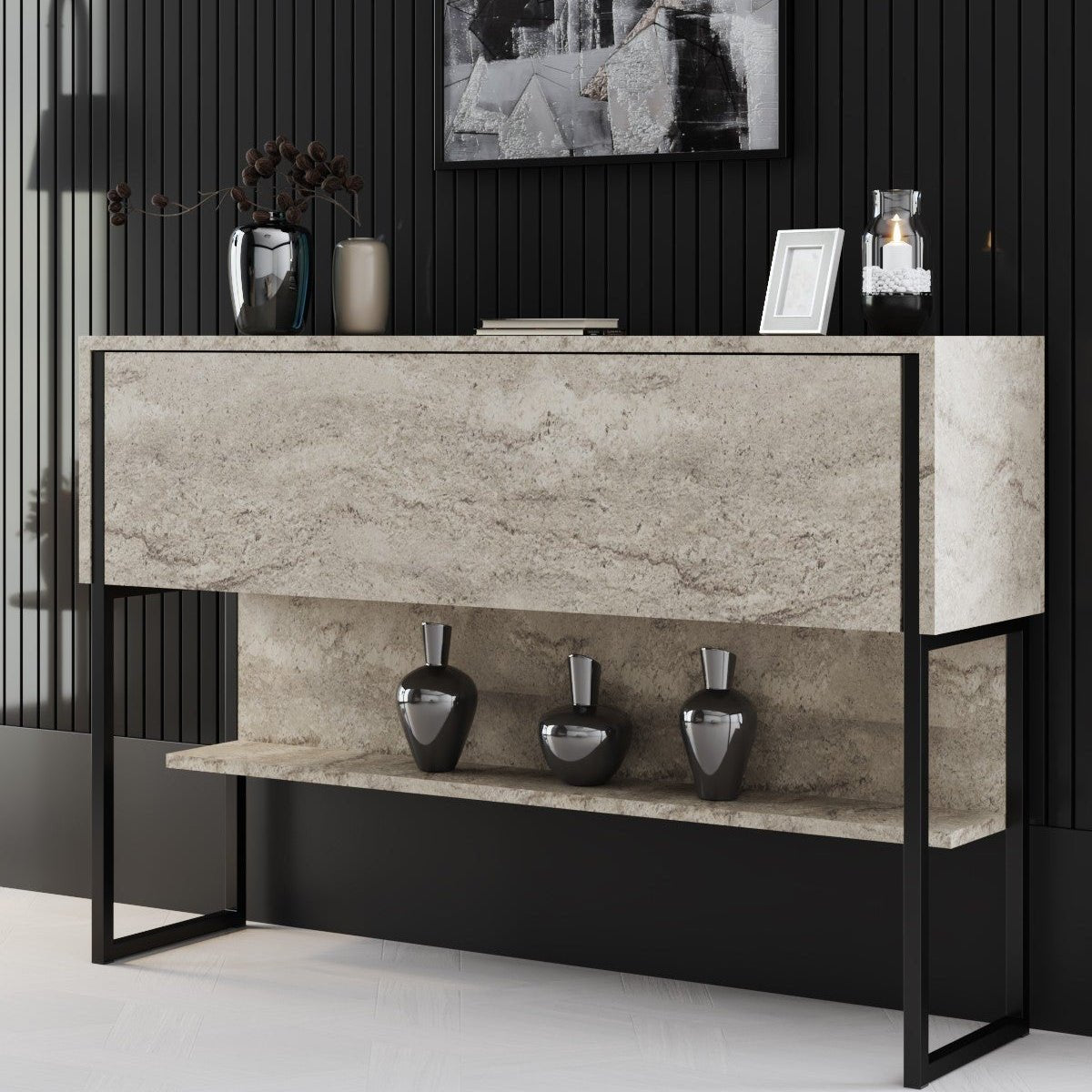 Moderne skænk Travertine Luxury 120x80x35 - Sort stel - Et rum