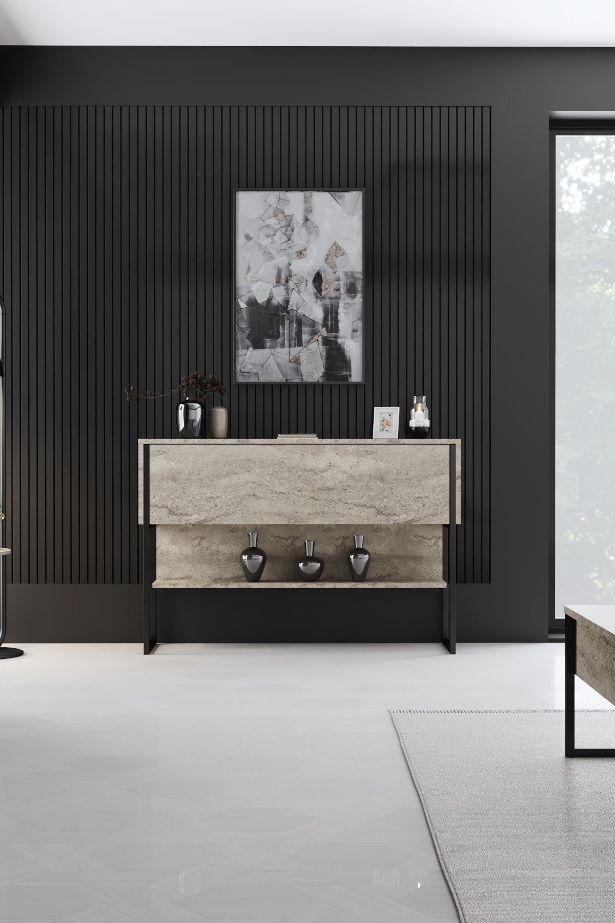 Moderne skænk Travertine Luxury 120x80x35 - Sort stel - Et rum