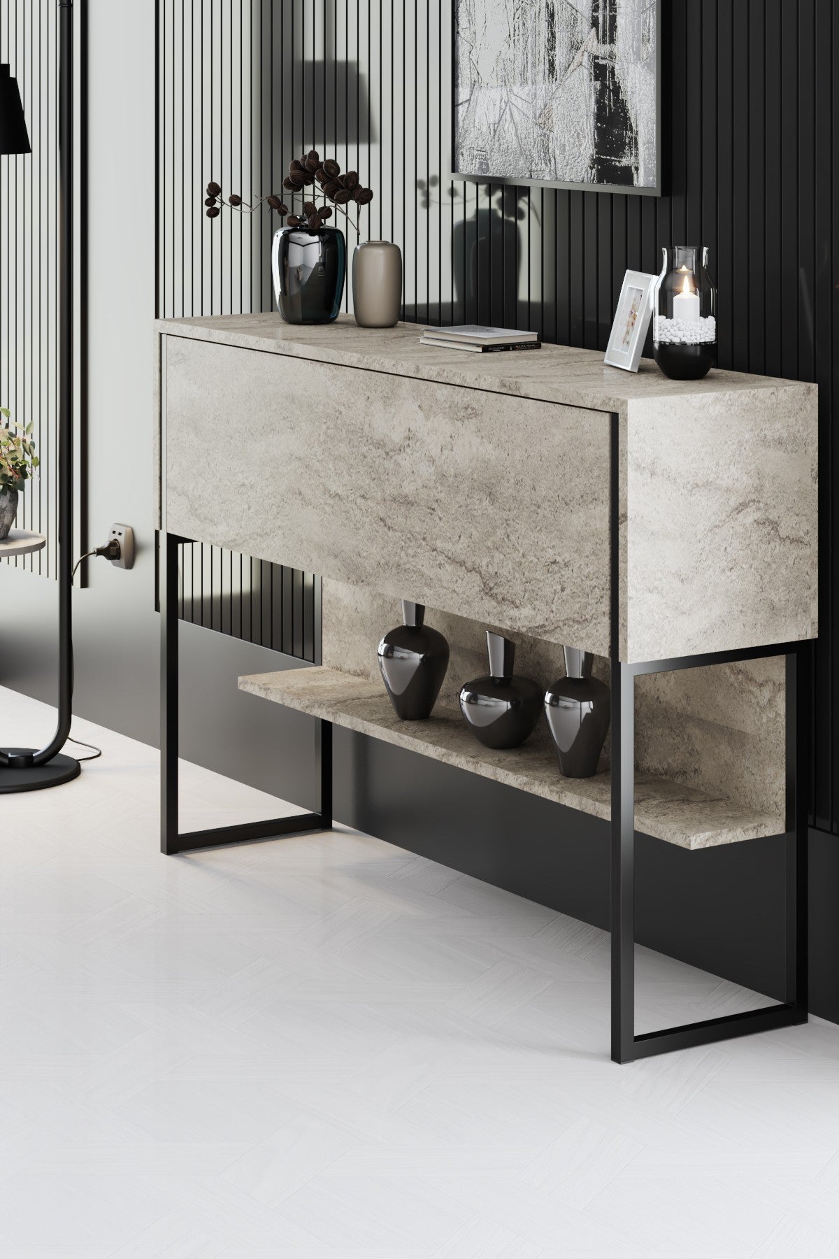 Moderne skænk Travertine Luxury 120x80x35 - Sort stel - Et rum