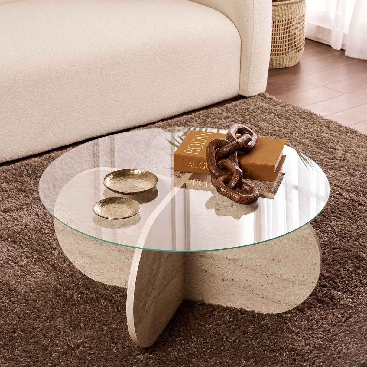 Salontabel Aris Rund 75 cm Glas - Travertin Understel 