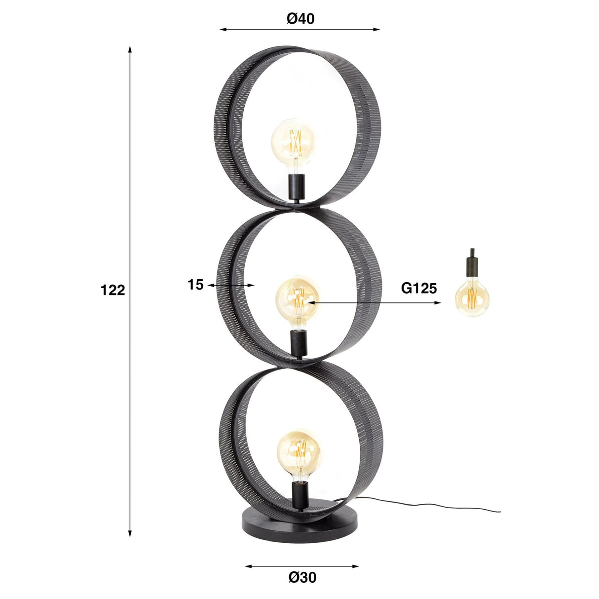 Vloerlamp Fons 3-lichts ringen metaal zwart