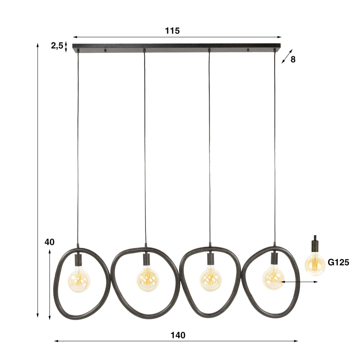 Hængelampe Nova 4-lys Sort Metal 140 cm 