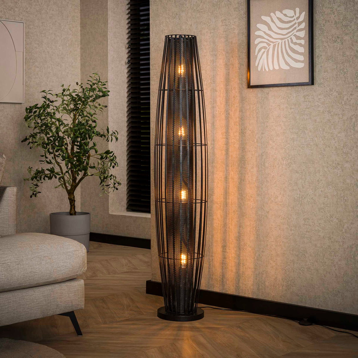 Vloerlamp Liora 4-lichts cylinder mesh zwart 150 cm