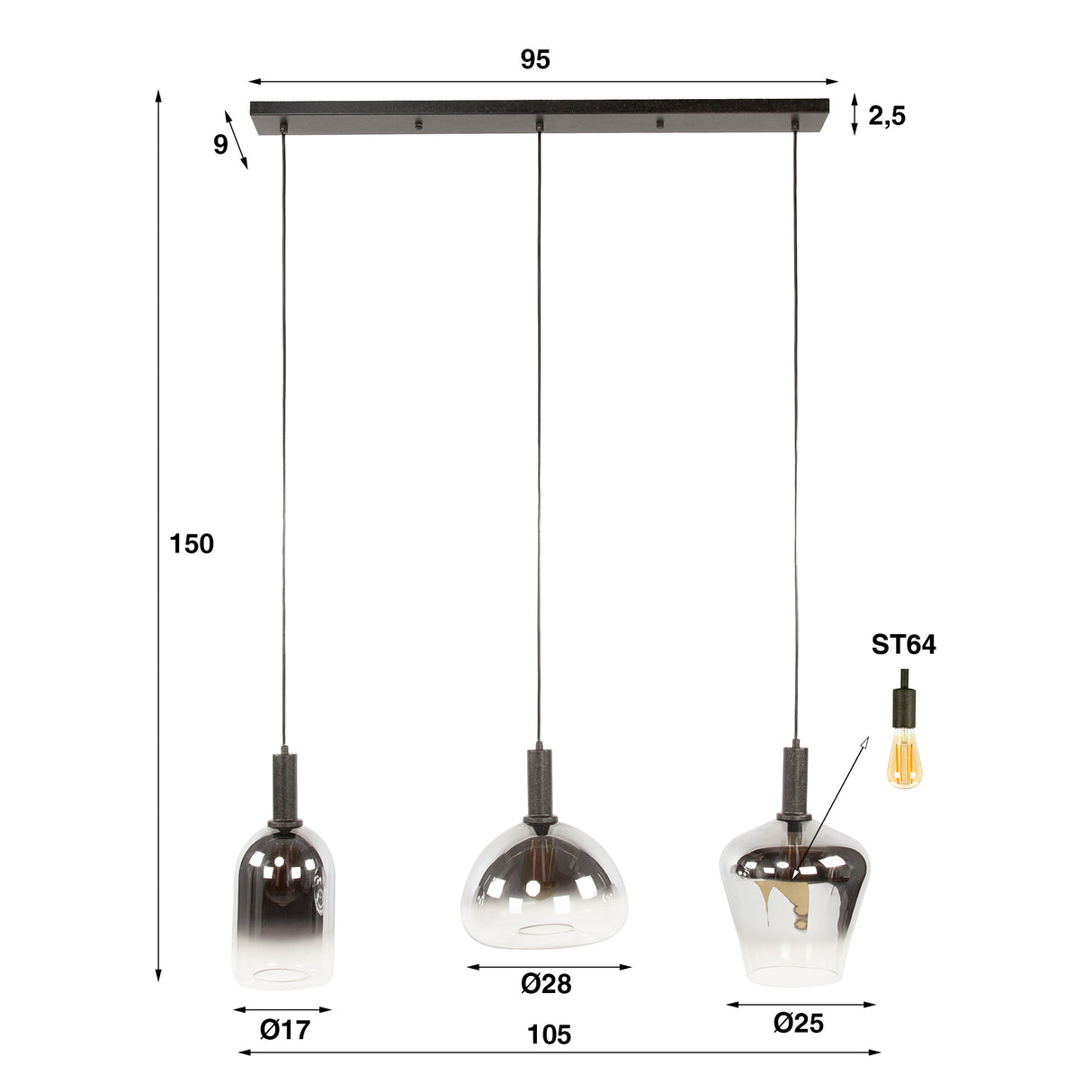 Hængelampe Nexus 3-lys Sort Metal 105 cm 