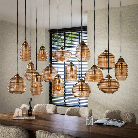 Loftlampe Mali 15-lys rillet glas ravfarvet 