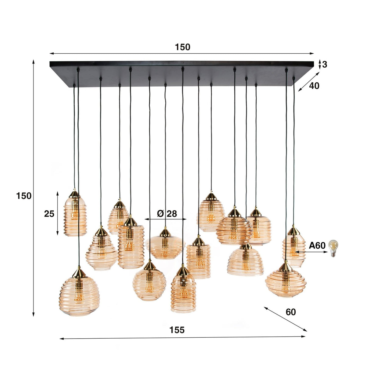 Loftlampe Mali 15-lys rillet glas ravfarvet 