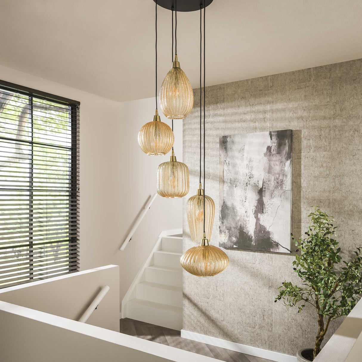 Hanglampen - Glazen Hanglamp Olaf 5 - lichts Amber Goud - Dimehouse