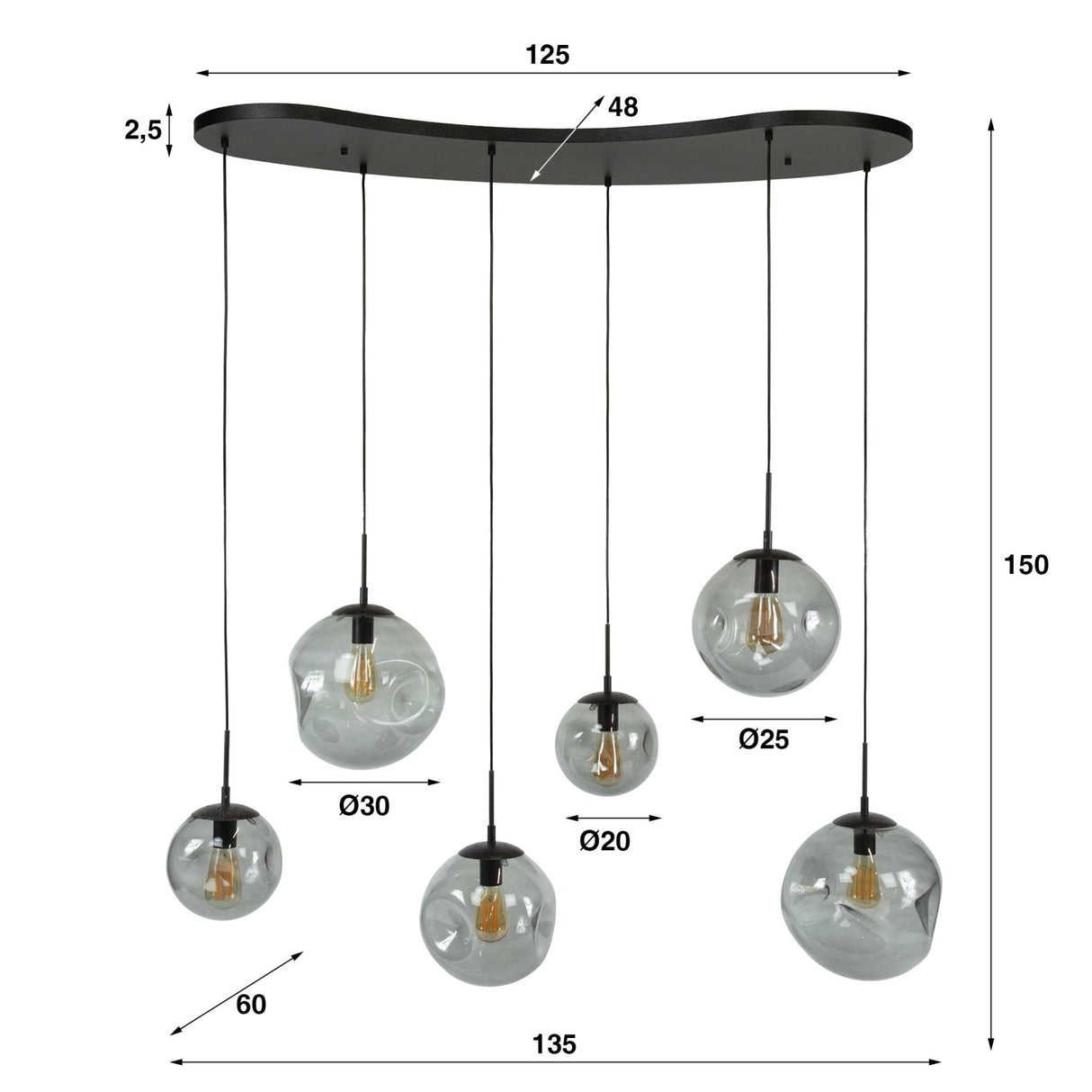 Industriel Pendellampe Nova Sort 6-lys Bænk 135 cm 
