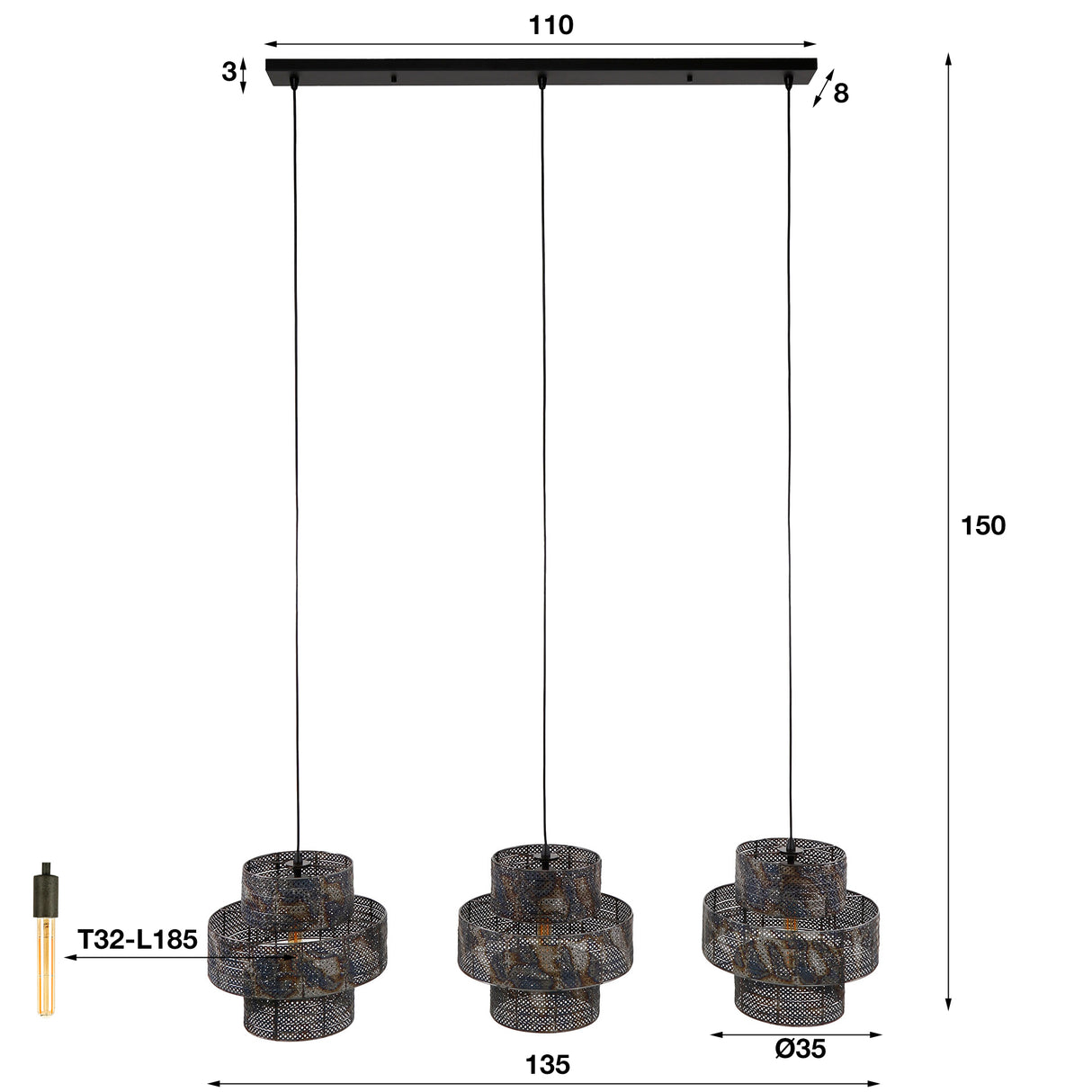 Hængende lampe luc 3-lys metal sort brun