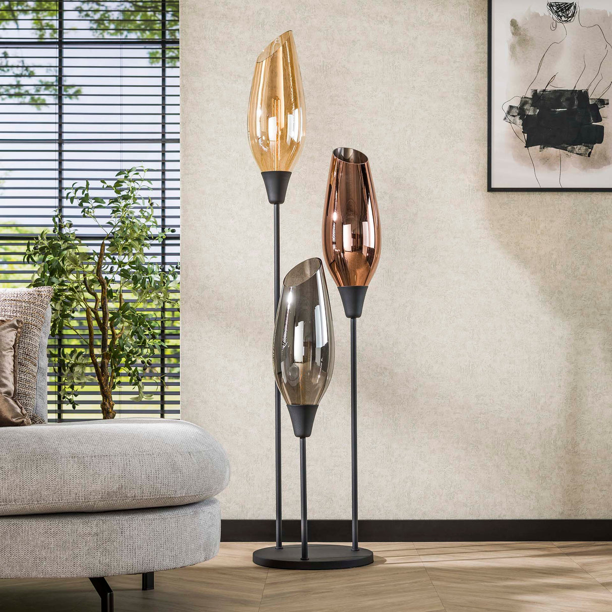 Gulvlampe Coco 3-lys farvet glas 