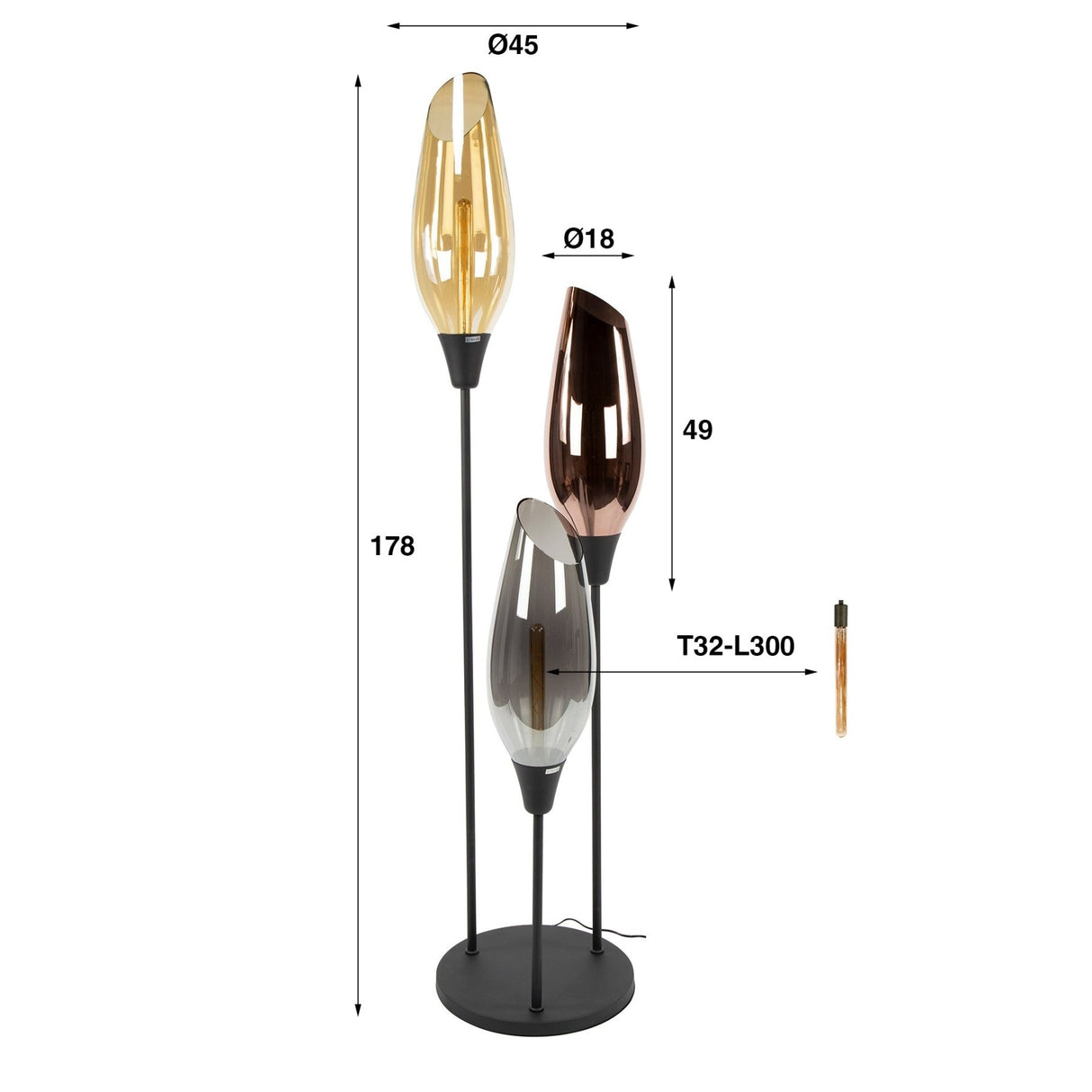 Gulvlampe Coco 3-lys farvet glas 
