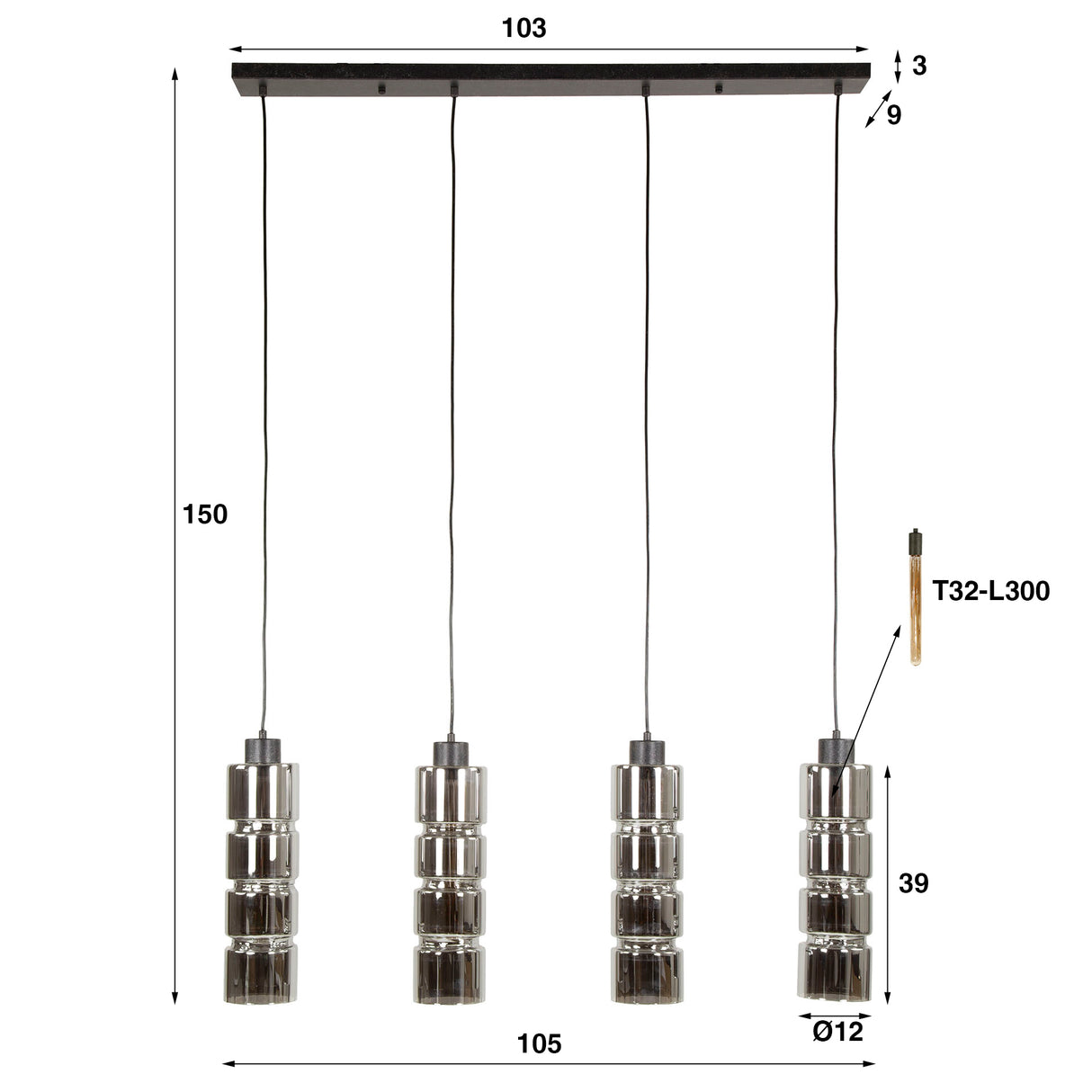 Hængelampe Kik 4-lys cylinderglas