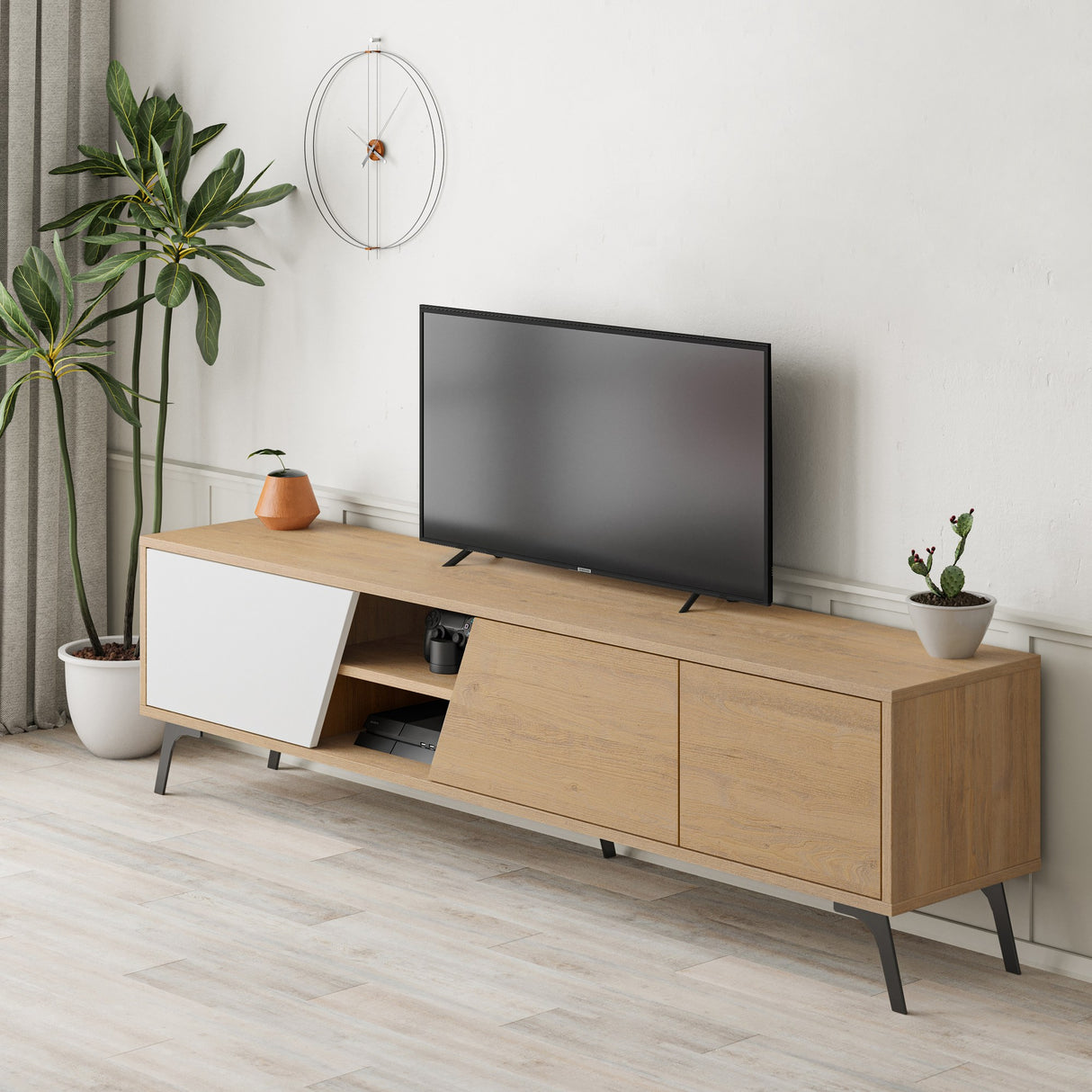 TV Meubels - TV Meubel Fiona Eik Wit Melamine 180x48x35,6 cm - Dimehouse