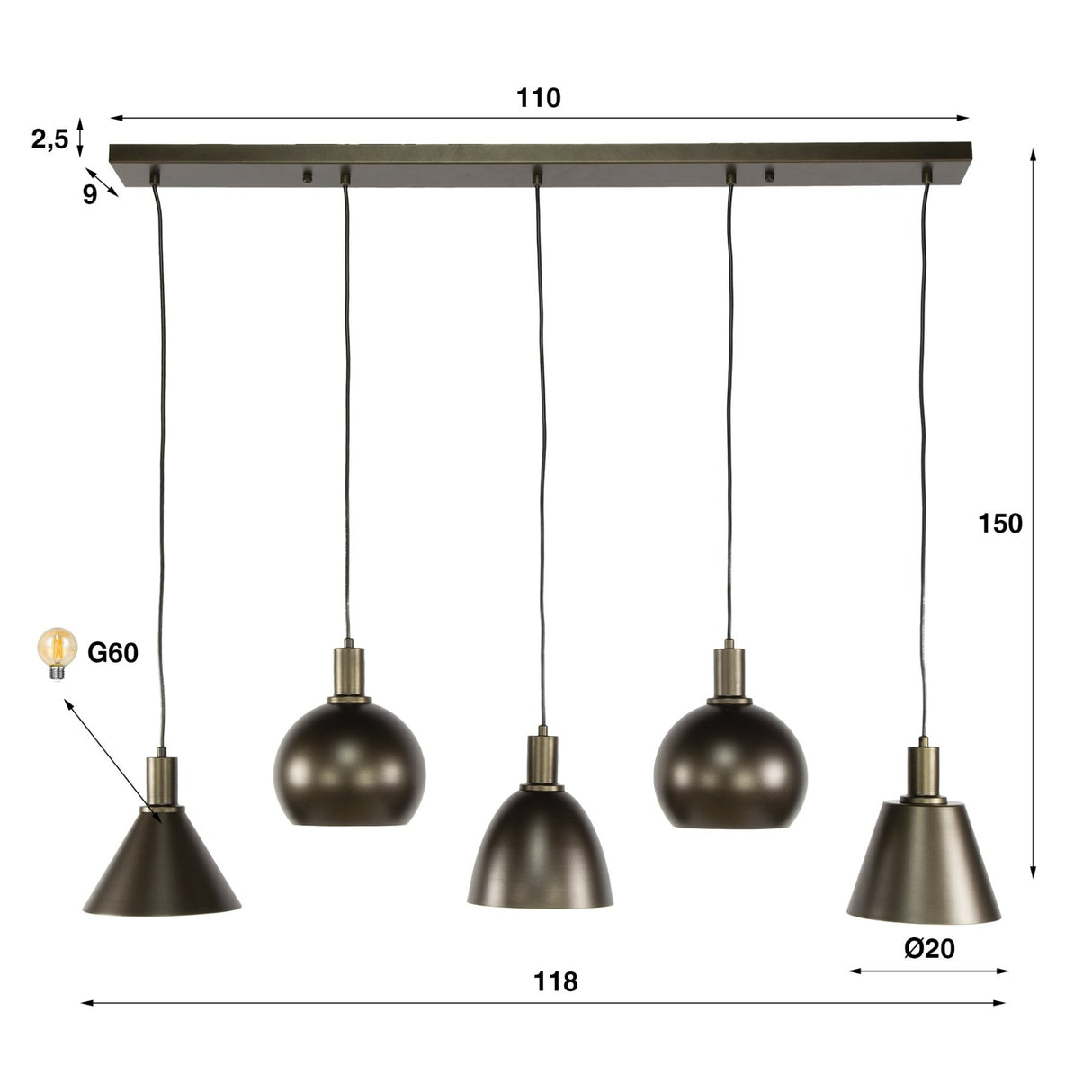 Hængelampe Sienna 5-lys Industriel - Brun 120 cm 