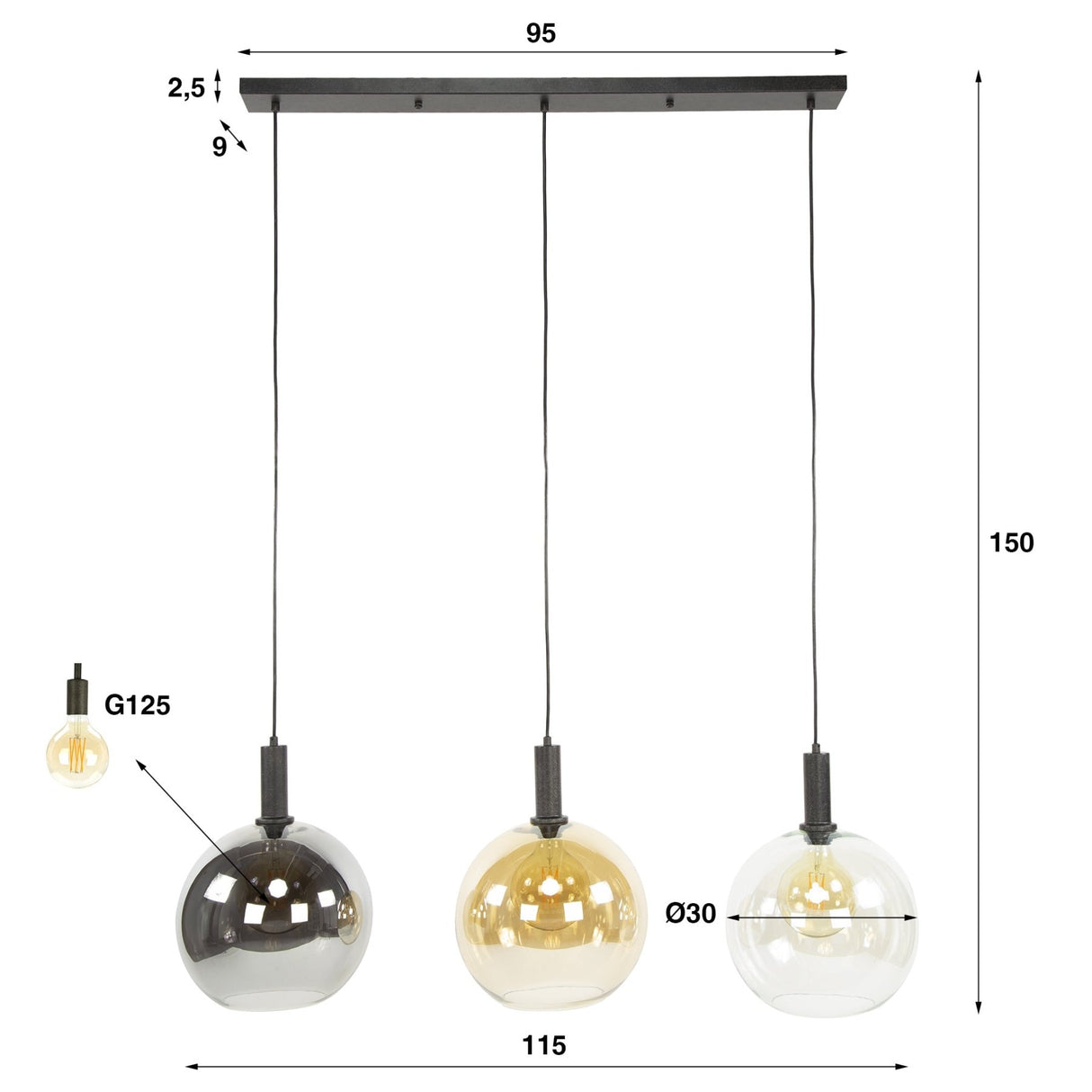Hanglamp Nero Trio 3-lichts Zwart Metaal 115 cm