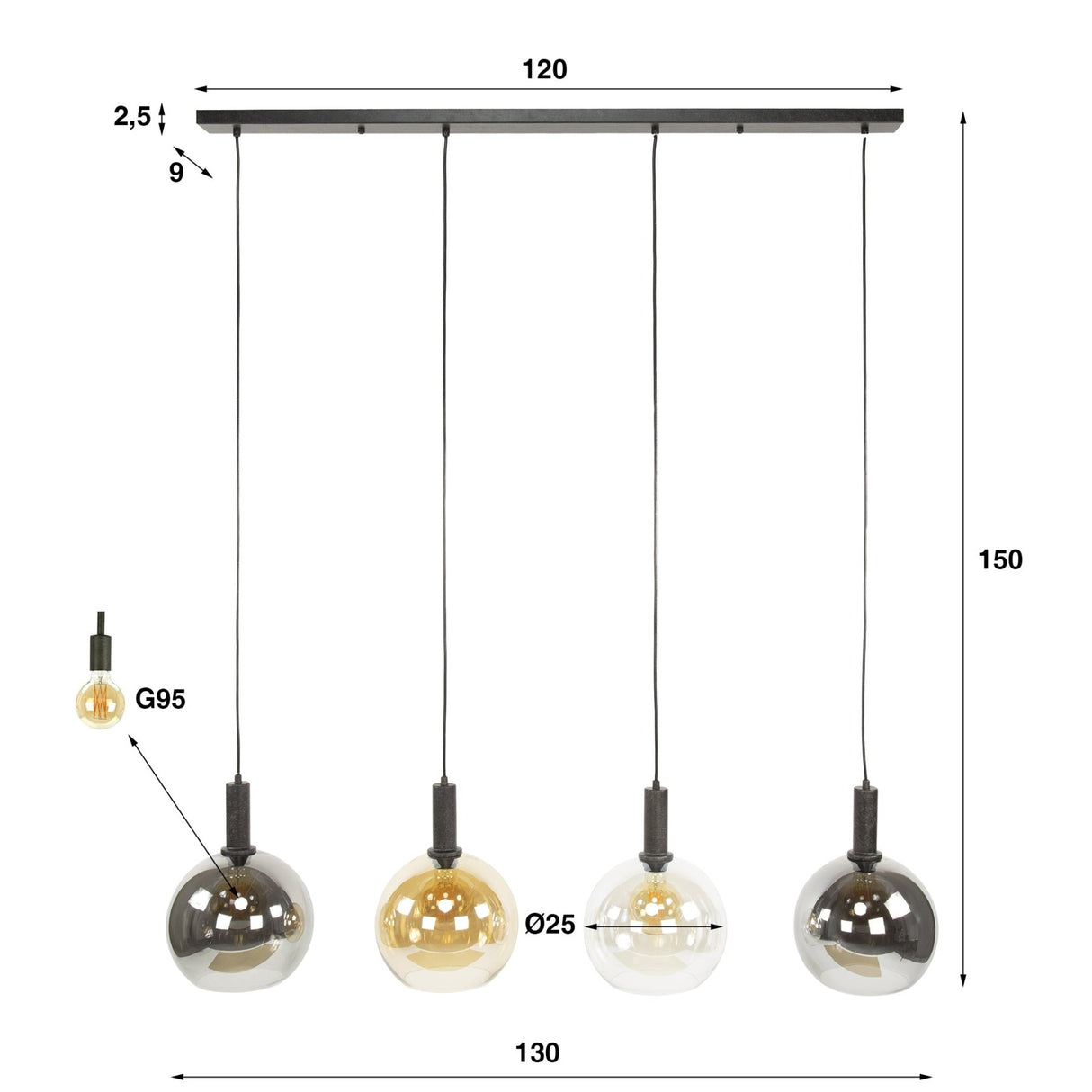 Hængelampe Valeo 4-lys Sort Metal 135 cm 