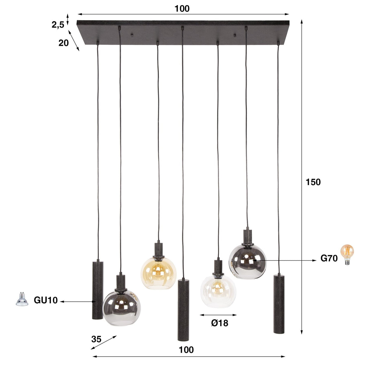Hængelampe Orion 7-lys – Sort Metal – 110 cm 