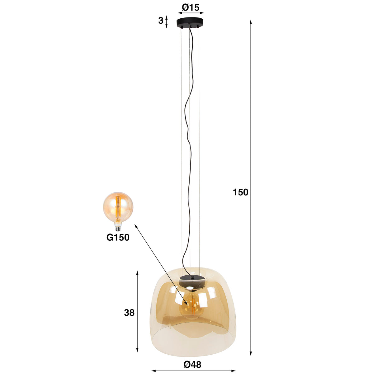 Loftlampe Dain 1-lys XL ravfarvet glas 