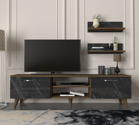 TV Meubels - TV Meubel Set Ayden Walnoot Marmer Melamine 150x40,6x29,5 cm - Dimehouse