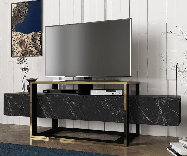 TV Meubels - TV Meubel Bianco Zwart Goud Melamine 160x49,8x46,1 cm - Dimehouse