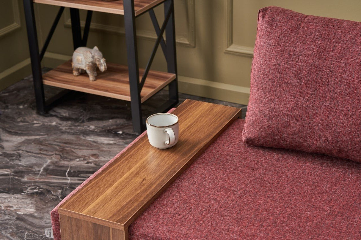 Fauteuils - Moderne Fauteuil Bordeaux Rood Stof Fly - Rechts - Met Houten Tafeltje - Dimehouse