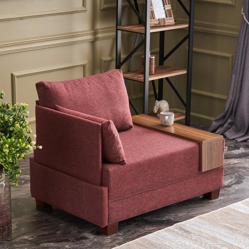 Fauteuils - Moderne Fauteuil Bordeaux Rood Stof Fly - Links - Met Houten Tafeltje - Dimehouse