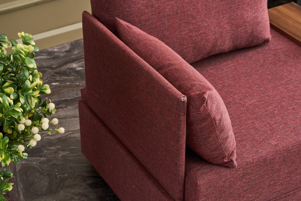 Fauteuils - Moderne Fauteuil Bordeaux Rood Stof Fly - Links - Met Houten Tafeltje - Dimehouse