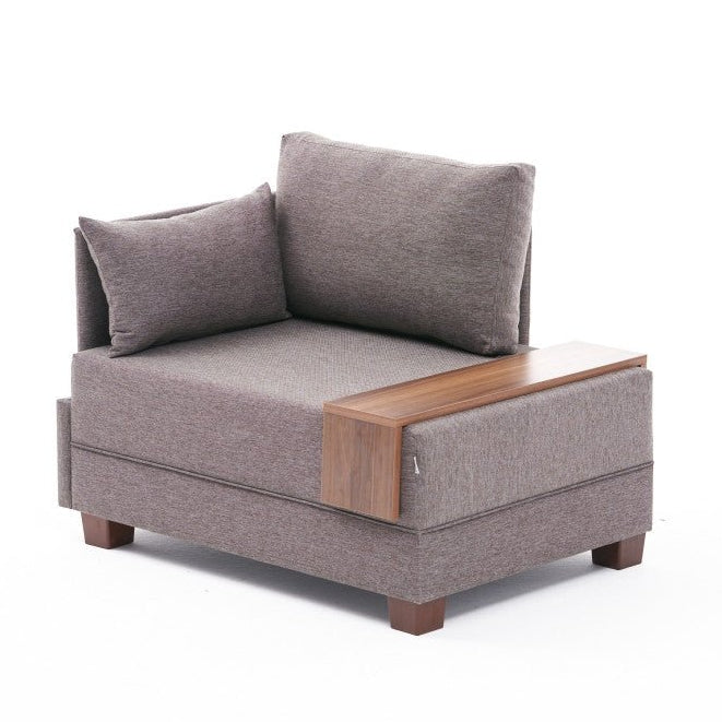 Fauteuils - Moderne Fauteuil Bruin Stof Fly - Links - Met Houten Tafeltje - Dimehouse