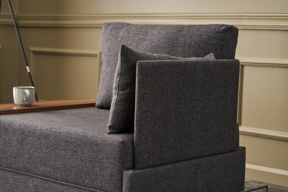 Fauteuils - Moderne Fauteuil Antraciet Stof Fly - Rechts - Met Houten Tafeltje - Dimehouse