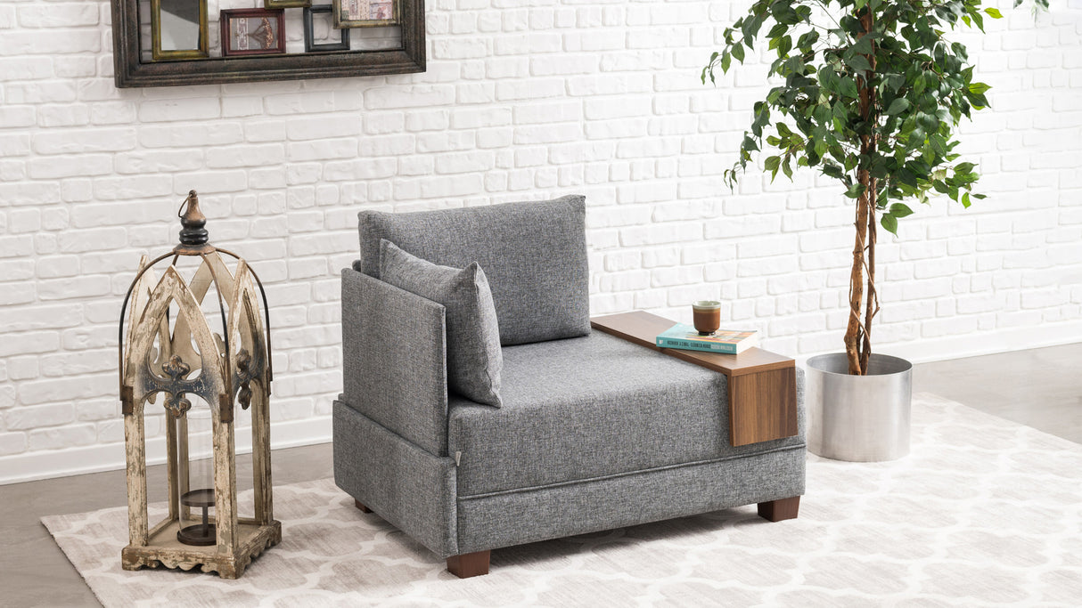 Fauteuils - Moderne Fauteuil Grijs Stof Fly - Links - Met Houten Tafeltje - Dimehouse