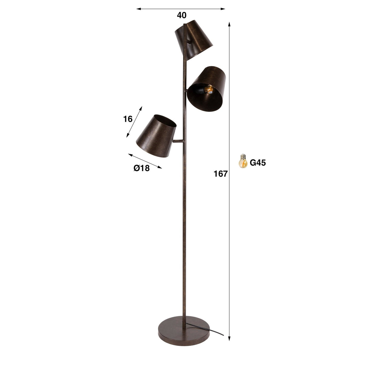 Gulvlampe 3-lysebrun metal Carta