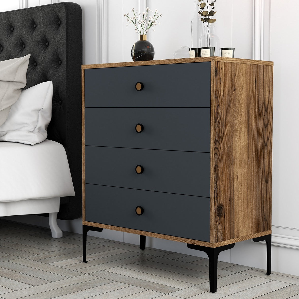 Kommode Lizbon Valnød Antracit Melamin 76x90,7x40 cm - 4 skuffer