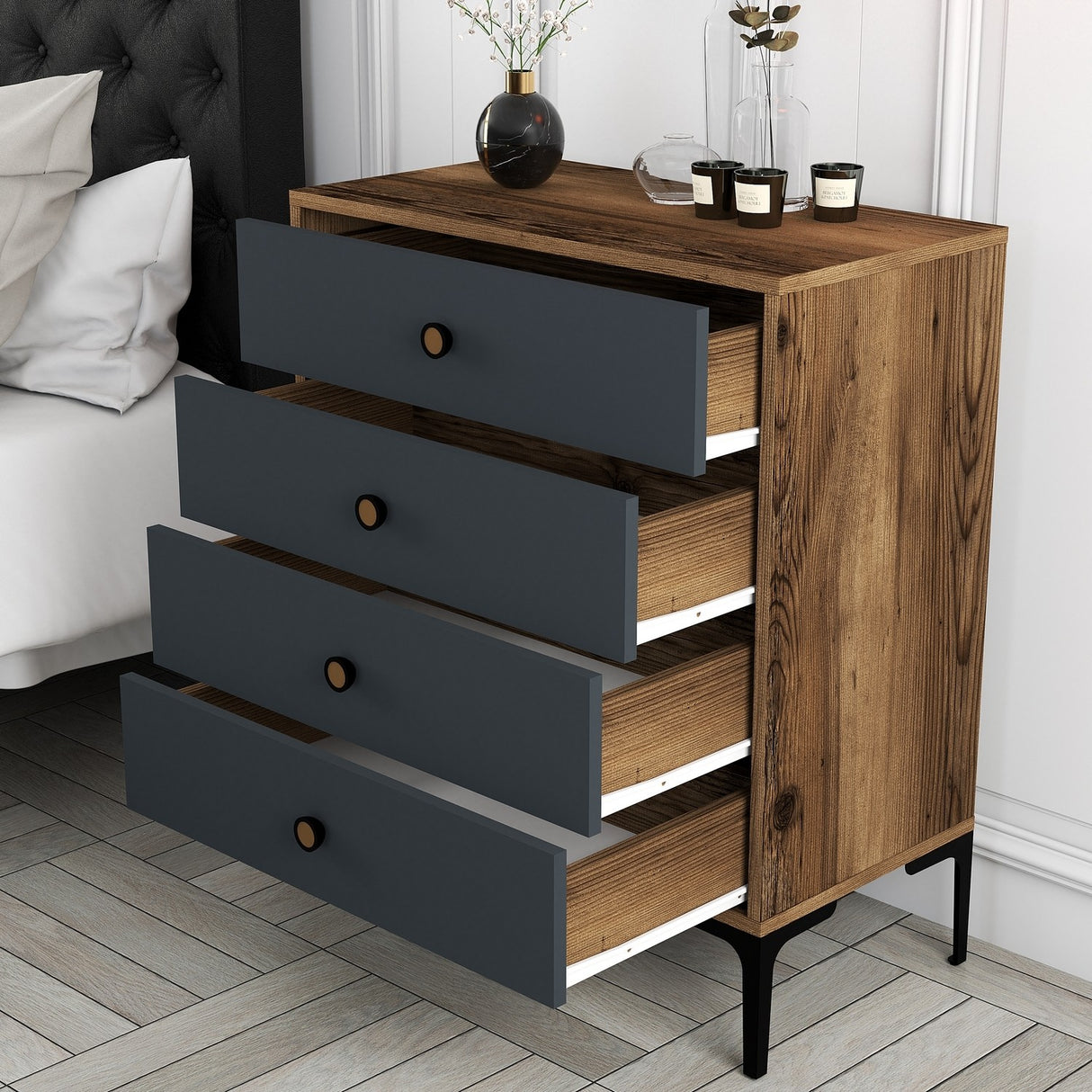 Kommode Lizbon Valnød Antracit Melamin 76x90,7x40 cm - 4 skuffer