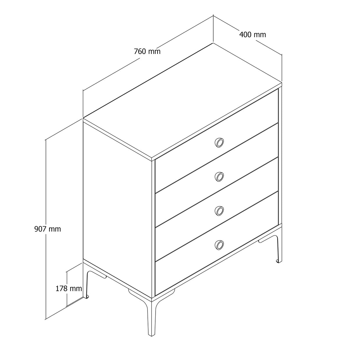 Kommode Lizbon Valnød Antracit Melamin 76x90,7x40 cm - 4 skuffer